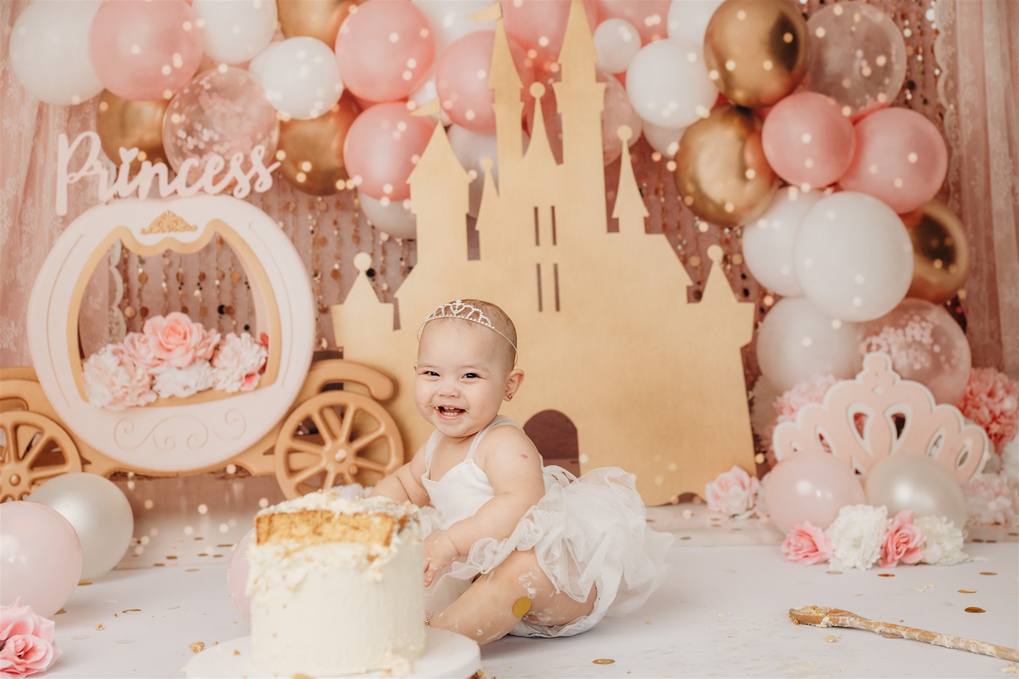 Princess themed cakesmash photoshoot in Michelle Kelly Photographys Papakura Studio